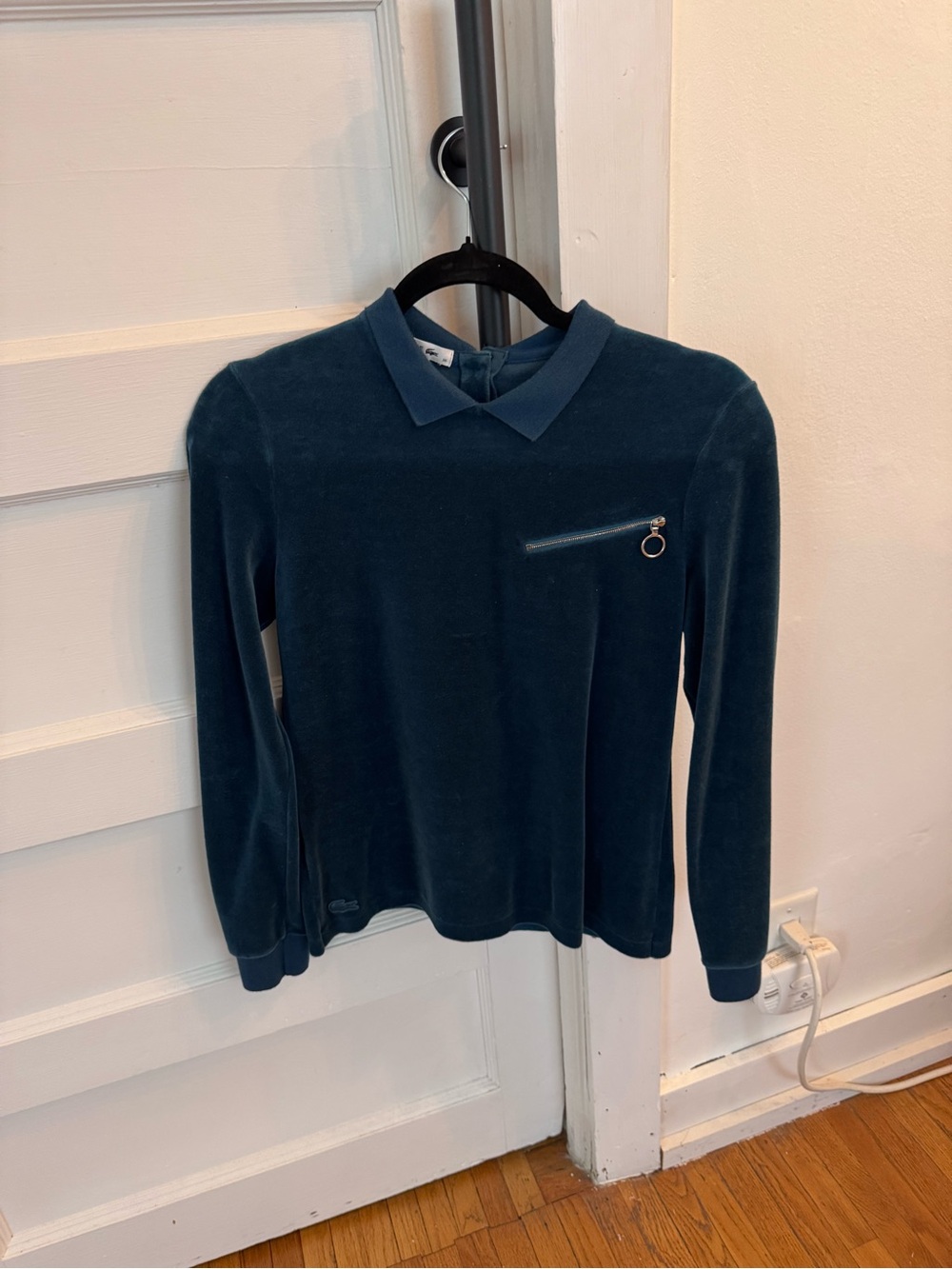 Lacoste Woman Long-Sleeve velvet Polo Top in Deep Teal